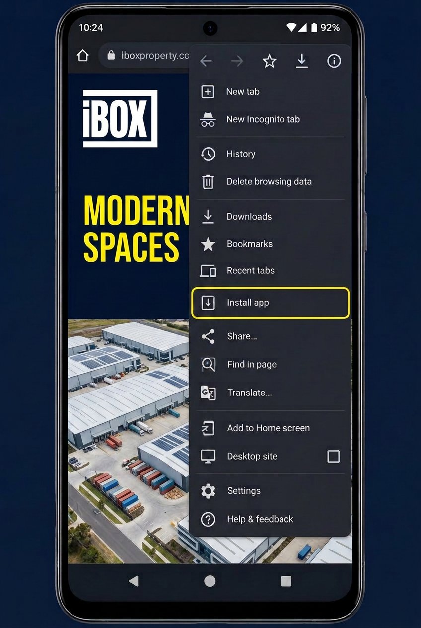 Android phone showing the Chrome menu with Install app highlighted