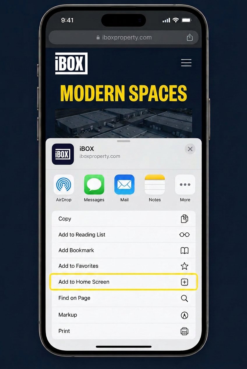 iPhone showing the Safari share menu with Add to Home Screen highlighted